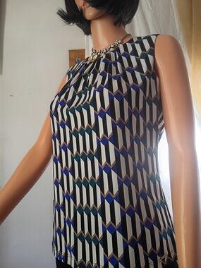 Calvin Klein Geometric Pattern Sleeveless Blouse in Black, White, Blue & Teal